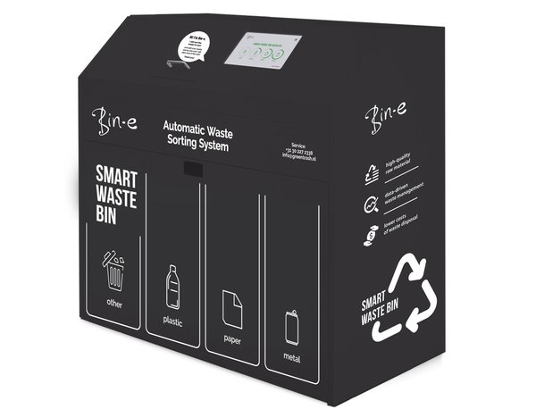 BinE Bin-E smart waste bin Green Trash BV slimme afvalmachine met vulgraad sensor en automatische afvalscheiding bij Kromhout Kazerne en Accenture Smart Waste Bin Smart City Green Trash BV